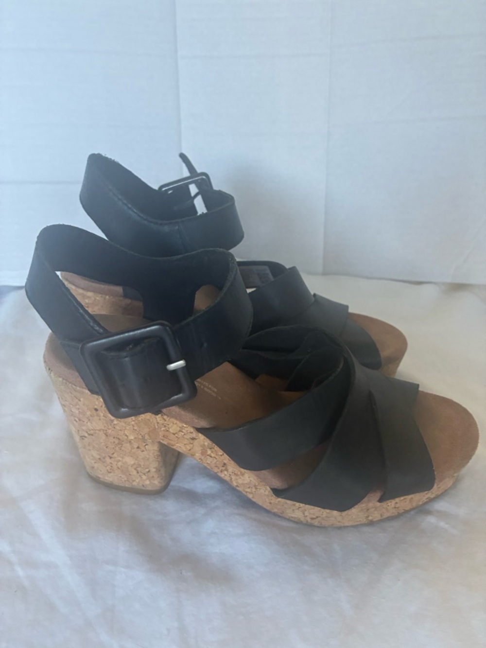 Tom’s Ava black leather cork wedge platform buckle comfort Sandals